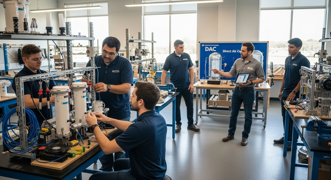 ห้องฝึกอบรมงานสีเขียว แสดงกลุ่มผู้เรียนฝึกติดตั้งเซนเซอร์ MRV ตรวจชุดทดสอบ DAC และอาจารย์ชี้แนะผ่านแท็บเล็ต บรรยากาศปฏิบัติจริงแสงธรรมชาติ