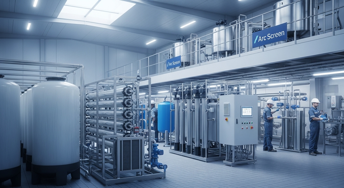 มุมกว้างภายในโรงงานแสดงถังเก็บน้ำ กระบวนการกรองและแผงควบคุมแดชบอร์ด การจัดโซนที่เป็นระบบเพื่อรีไซเคิลน้ำ