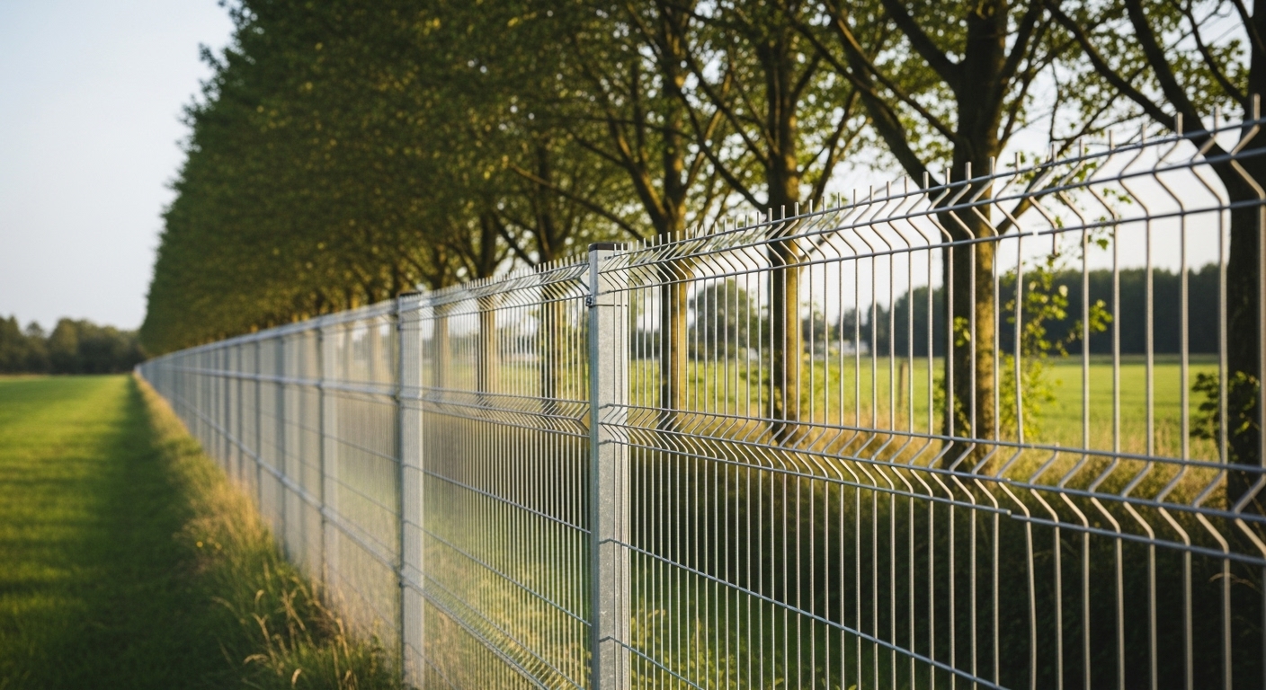 รั้วไวร์เมชชุบกัลวาไนซ์ที่ติดตั้งในพื้นที่สีเขียว โครงสร้างโปร่งและทนทาน