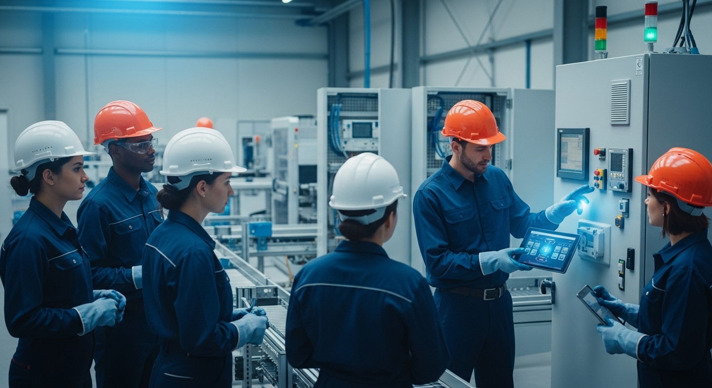 พนักงานโรงงานใช้อุปกรณ์ HMI และแท็บเล็ตขณะโค้ชสอนแบบ hands-on ในห้องฝึกอบรม