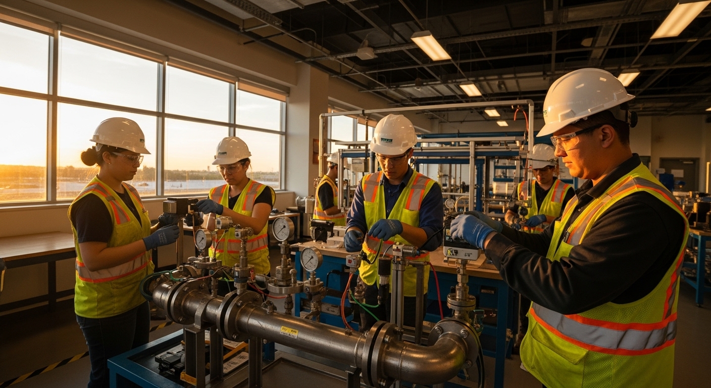 ภาพระยะใกล้มือผู้ฝึกสวมถุงมือกำลังติดตั้งเซนเซอร์ MRV บนท่อจำลอง แสดงรายละเอียดข้อต่อ เคเบิลกแลนด์ และแท็บเล็ตที่แสดงไอคอนการเชื่อมต่อ