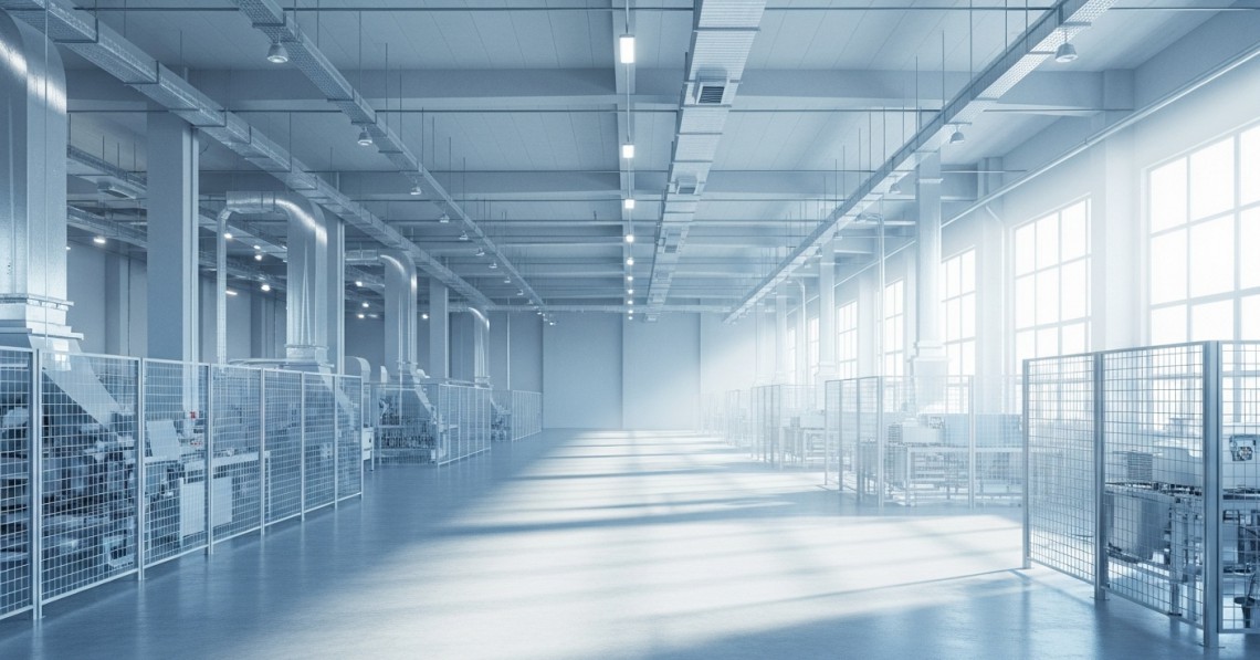 ภายในโรงงานอุตสาหกรรมยุคใหม่ออกแบบให้ปลอดฝุ่น มีตะแกรงเหล็กระบายอากาศ รั้วโปร่ง และระบบระบายลม พื้นที่สะอาดสว่างด้วยโทนสีฟ้าขาว พื้นคอนกรีตเรียบและแสงธรรมชาติ