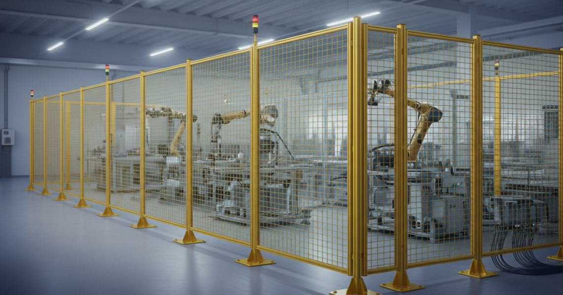 โรงงานอุตสาหกรรมภายในมีรั้วโมดูลาร์ล้อมรอบแขนกลอัตโนมัติ พื้นคอนกรีตเรียบสะอาด แสงโทนเย็นแบบอุตสาหกรรมทันสมัย