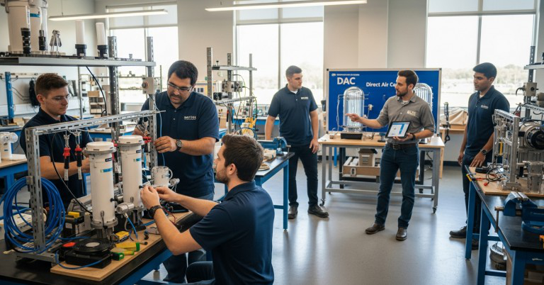 ห้องฝึกงานงานสีเขียวยามเช้าตรู่ แสงอบอุ่น ผู้เรียนติดตั้งเซนเซอร์ MRV และตรวจชุด DAC อาจารย์ชี้แนะด้วยแท็บเล็ต บรรยากาศปฏิบัติจริง