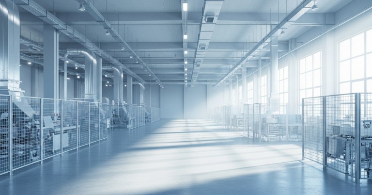 ภายในโรงงานอุตสาหกรรมยุคใหม่ออกแบบให้ปลอดฝุ่น มีตะแกรงเหล็กระบายอากาศ รั้วโปร่ง และระบบระบายลม พื้นที่สะอาดสว่างด้วยโทนสีฟ้าขาว พื้นคอนกรีตเรียบและแสงธรรมชาติ