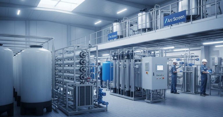 ภาพมุมกว้างภายในโซนบำบัดน้ำของโรงงานสมัยใหม่ แสดงถังเก็บน้ำ สกิดเมมเบรน (UF/RO) ท่อสแตนเลส และแผงควบคุม มีแผงรั้วโปร่ง (Arc Screen) ด้านหลัง บรรยากาศสะอาดสว่าง โทนฟ้า-เทา และพนักงานสวม PPE ตรวจงาน
