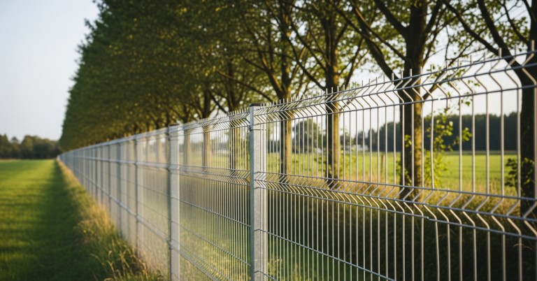 ภาพมุมกว้างของรั้วไวร์เมชชุบกัลวาไนซ์ที่ติดตั้งในพื้นที่สีเขียว มีหญ้าและต้นไม้ด้านหลัง แสดงถึงรั้วที่แข็งแรง ทนทาน และกลมกลืนกับสิ่งแวดล้อม