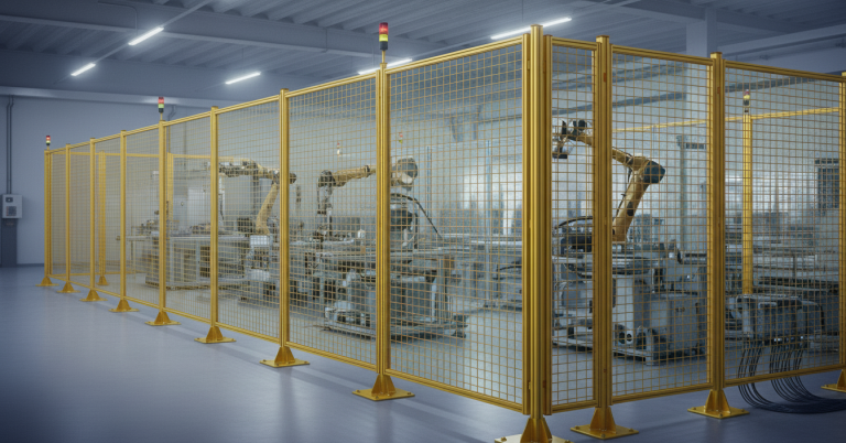 โรงงานอุตสาหกรรมภายในมีรั้วโมดูลาร์ล้อมรอบแขนกลอัตโนมัติ พื้นคอนกรีตเรียบสะอาด แสงโทนเย็นแบบอุตสาหกรรมทันสมัย