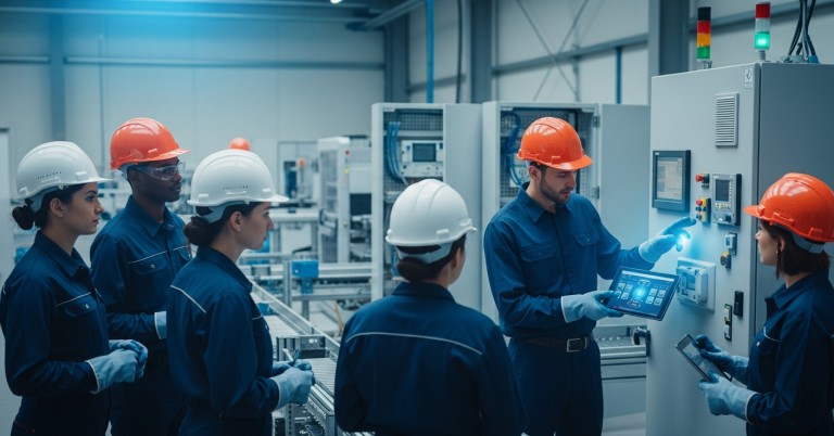 ภาพมุมกว้างของห้องฝึกปฏิบัติในโรงงานสมัยใหม่ พนักงานสวมหมวกนิรภัยกำลังฝึกใช้งาน HMI และแท็บเล็ตโดยมีผู้สอนคอยชี้แนะ บริบทเป็นชั้นงานจริงมีตู้ PLC และเครื่องจักรพื้นหลัง แสงธรรมชาติสว่างและโทนสีฟ้า-ขาว