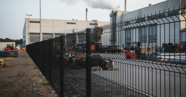 ภาพมุมกว้างของรั้วไวร์เมชแบบลอน (Wave Fence) ทำจากเหล็กชุบกัลวาไนซ์ มีผิวเรียบเนียนเคลือบ powder coat สีดำและแสงสะท้อนจากการเคลือบสีฝุ่น ด้านหลังเป็นอาคารสมัยใหม่ที่แสดงถึงความกลมกลืนระหว่างดีไซน์และวิศวกรรม